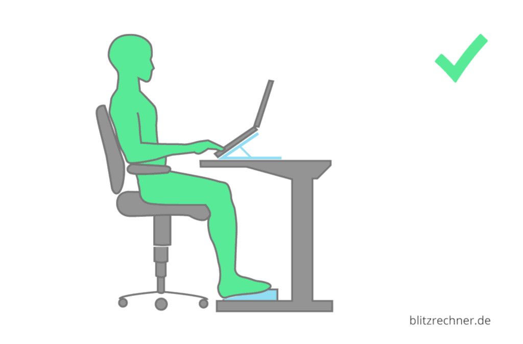 Die Grafik zeigt einen aufrechten Körper am Laptop als Beispiel für eine gute Haltung im Homeoffice durch Laptopständer und Fußstütze.