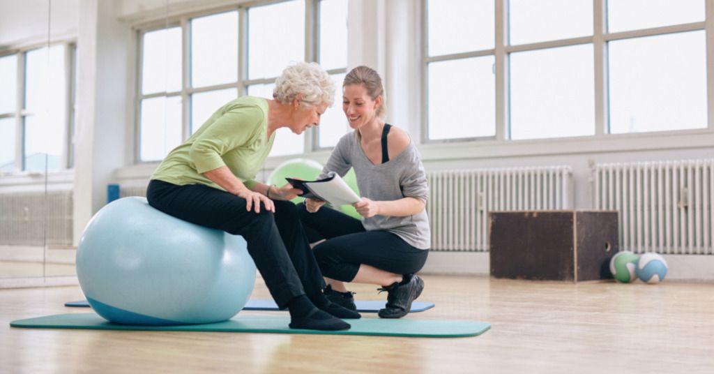 Das Bild zeigt eine Seniorin mit ihrer Physiotherapeutin beim Training mit einem Sitzball als Sinnbild für die Vorteile der Physiotherapie die heute auch online auffindbar und nutzbar sind