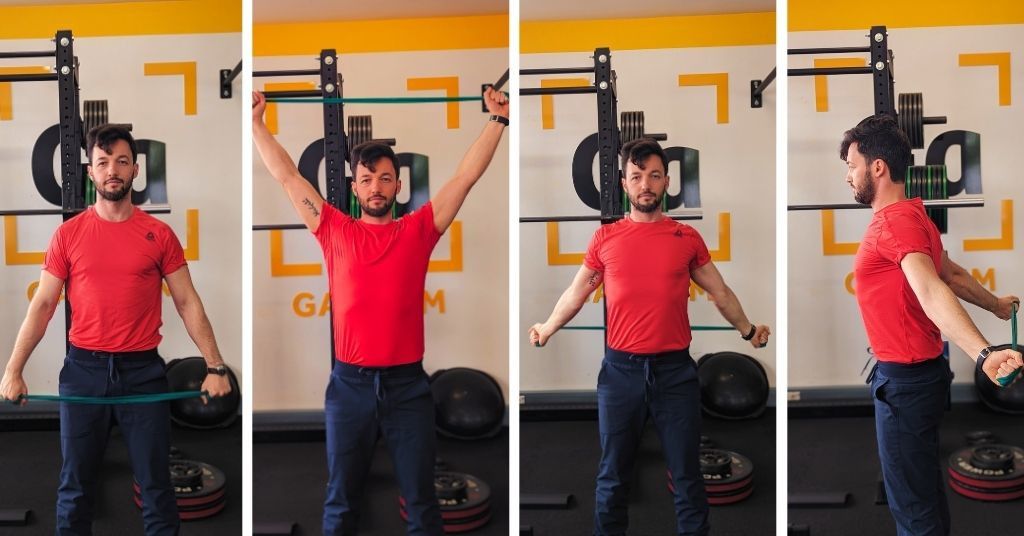 Das Bild zeigt Personal Trainer Dimitri Rutansky bei einfachen Dehnübungen mit Band für den Oberkörper als Sinnbild für die aktive Pause im Home Office.