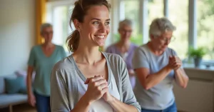 Das Bild zeigt eine Trainerin bei der Seniorengymnastik als Sinnbild für den wertvollen Beitrag der Tagesbetreuung zur Wahrung der Mobilität und Fitness im Alter.