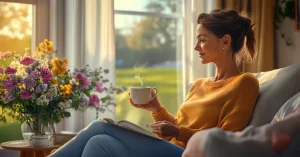 Eine Frau sitzt entspannt mit einer Tasse Tee am Fenster, umgeben von Blumen, und genießt den Moment – ein Symbol für Achtsamkeit im Alltag.