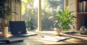 Das Bild zeigt einen leeren Schreibtisch mit Laptop im Sonnenlicht als Sinnbild für eine kurze Pause zur Meditation im stressigen Arbeitsalltag zur Steigerung der Produktivität und des Wohlbefindens.