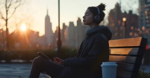 Eine junge Frau sitzt auf einer Parkbank und übt Achtsamkeit, indem sie eine Meditation über ihre Kopfhörer hört.