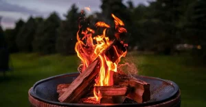 Das Bild zeigt ein offenes Feuer in einer Feuerschale auf einer Waldlichtung im Abendlicht als Sinnbild dafür, wie Achtsamkeit und Stressmanagement zu einem ruhigeren und entspannteren Leben beitragen können.