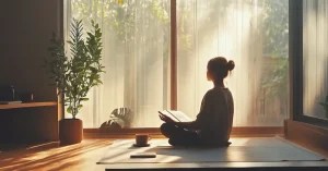 Das Bild zeigt eine junge Frau, die auf dem Boden sitzt und meditativ ein Buch liest um mit Achtsamkeit ihren Selbstwert zu steigern.