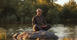 Ein Mann sitzt in meditativer Haltung auf einem Felsen inmitten eines ruhigen Sees, umgeben von üppiger Natur. Das Bild symbolisiert Achtsamkeit, Breathwork und innere Ruhe in einer friedlichen Umgebung.