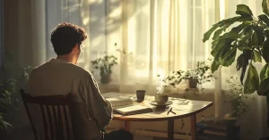 Ein junger Mann sitzt mit einer dampfenden Tasse und einem Buch am Tisch und startet seine Morgenroutine.