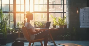 Das Bild zeigt eine junge Frau, die sich eine Auszeit vom Rechner nimmt um auf ihre Work-Life-Balance zu achten.