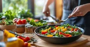 Eine Schüssel mit frischen Zutaten steht im Vordergrund, während im Hintergrund eine Person am Herd kocht – Symbol für Flexitarismus und Vegetarismus.