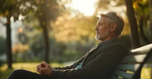 Ein Mann sitzt entspannt auf einer Parkbank, die Augen geschlossen, umgeben von warmem Sonnenlicht und Natur. Das Bild vermittelt Ruhe, Meditation und Achtsamkeit in einer friedlichen Umgebung.