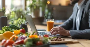 Das Bild zeigt einen Mann an seinem Laptop an einem Tisch mit frischem Obst und Gemüse und zeigt wie eine Pflanzliche Ernährung die Produktivität steigert.