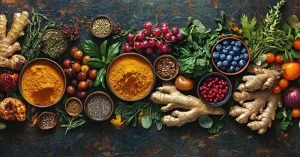 Eine bunte Auswahl vegetarische Superfoods auf einem rustikalen Untergrund: Ingwer, Kurkuma, Blaubeeren, Granatapfelkerne, Chiasamen, Trauben und frische Kräuter – ideale Zutaten für eine gesunde pflanzliche Ernährung.