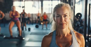 Eine ältere Frau in einem CorssFit-Studio mit jüngeren Frauen im Hintergrund. Ein Sinnbild dafür, dass CrossFit für jedes Alter ist.