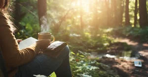 Das Bild zeigt eine Frau, die während eines Dopamin Detox mit einem Buch und einer Tasse Tee im Wald sitzt.