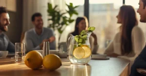 Das Bild zeigt junge Menschen im angeregten Gespräch an einem Tisch auf dem eine Karaffe mit Zitronenwasser steht, als Sinnbild für die vielfältigen Vorteile des Alkoholverzichts im sogenannten Dry January für Körper und Geist.