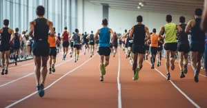 Hyrox-Athleten laufen in einer großen Sporthalle, passend für alle Fitnesslevels und jedes Alter – ein Wettkampf, der Ausdauer und Kraft vereint.