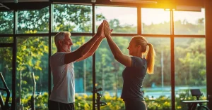 Das Bild zeigt einen Mann und eine Frau mittleren Alters, die durch ihr mentale Stärke, viel Sport machen und daher sehr gesund aussehen.