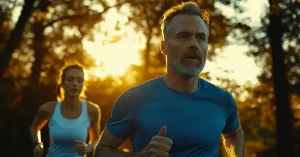 Ein Mann und eine Frau joggen gemeinsam bei Sonnenuntergang durch einen Wald. Der Mann im Vordergrund trägt ein blaues Sportshirt. Die Szene symbolisiert den Wiedereinstieg in den Sport und die Freude an Bewegung in der Natur.