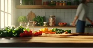 Ein sonnendurchfluteter Küchentisch, auf dem frische Gemüse wie Tomaten, Paprika, Karotten, Spinat und Kräuter auf einem Holzbrett liegen. Im Hintergrund unscharf zu sehen: Eine Person, die sich in einer gemütlichen Küche bewegt. Ein harmonisches Setting, das gesunde Ernährung und eine nachhaltige Lebensweise symbolisiert.