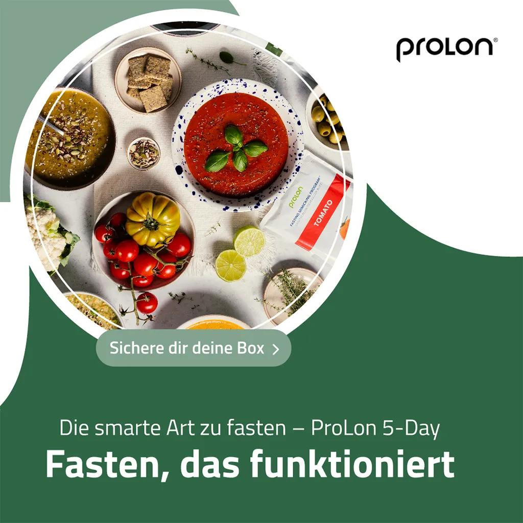 ProLon 5-Day Box mit einer Auswahl an Suppen, Tomatensoße, und gesunden Snacks. Beworben als die smarte Art des Scheinfastens für effektives Fasten.