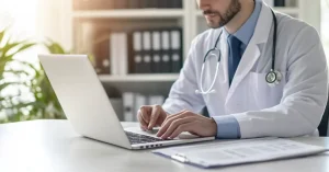 Das Bild zeigt einen Arzt beim Schreiben eines Artikels an seinem Laptop als Sinnbild dafür, dass Blogmarketing heute eine wichtige Rolle im Marketing von Gesundheitsexperten spielt.