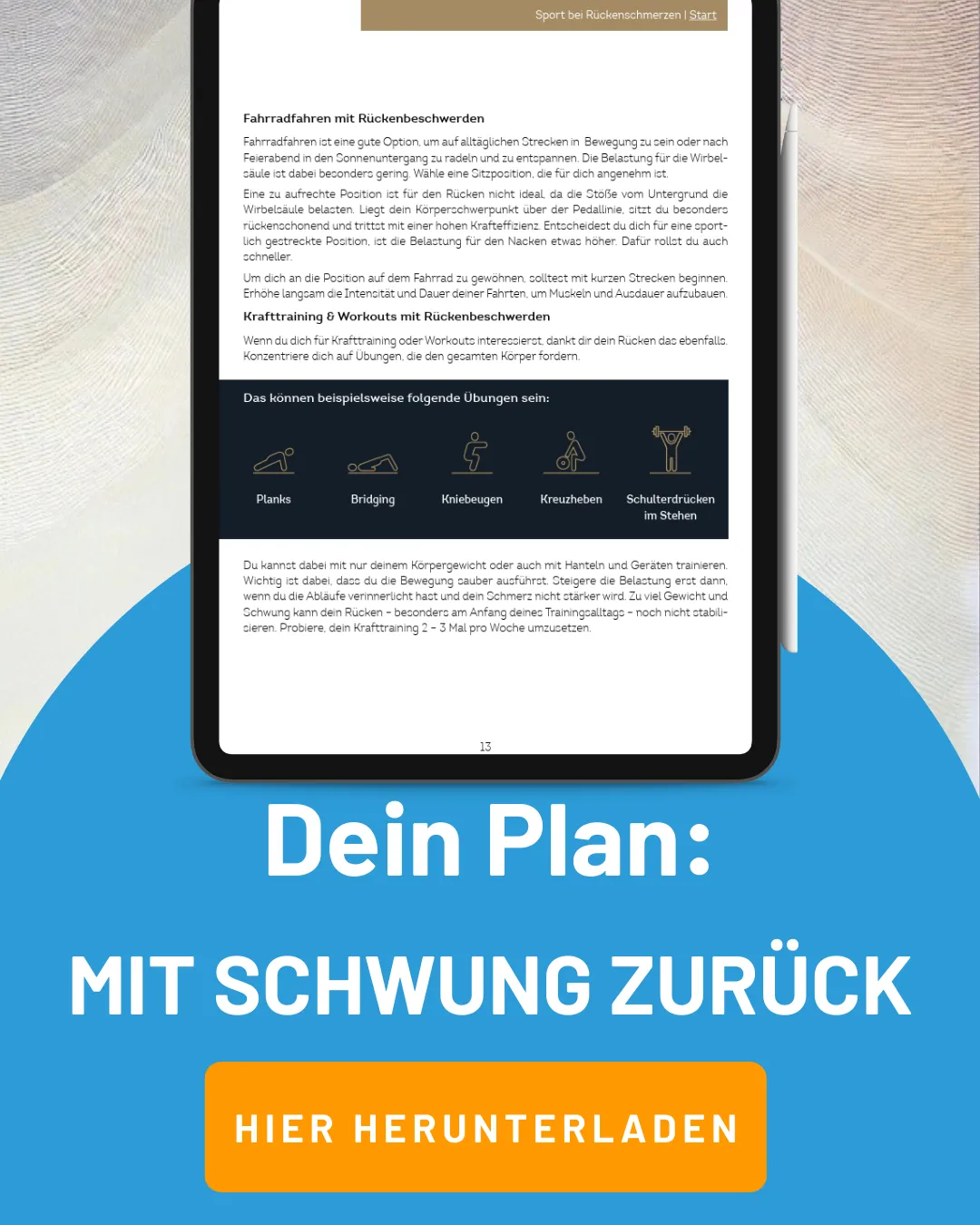 Das Bild zeigt das Cover vom kostenlosen EBook "Mit Schwung zurück - Dein motivierender Guide zum Wiedereinstieg in den Sport".