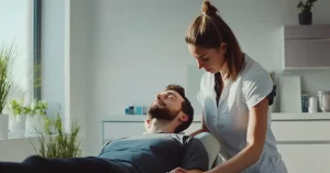 Das Bild zeigt eine Therapeutin bei der manuellen Behandlung eines Mannes im Bereich des Kiefers als Sinnbild für den Mehrwert der Dentosophie wenn es darum geht, Kiefergelenksprobleme und ihre Auswirkungen auf den Bewegungsapparat zu erkennen und erfolgreich zu behandeln.