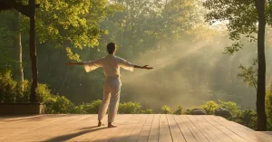 Das Bild zeigt einen Menschen in bequemer weißer Kleidung auf einer sonnigen Terrasse als Sinnbild für die innere Ruhe und Stärke, die du mit Qi Gong und den fünfzehn Ausdrucksformen erreichen kannst.