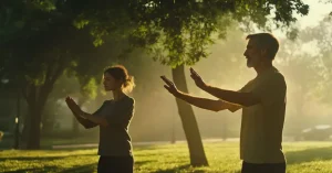 Das Bild zeigt zwei Menschen beim Tai Chi auf einer sonnigen Wiese im Park als Sinnbild für die innere Ruhe und Gelassenheit, die du mit Tai Chi in der 7er Form erreichen kannst.