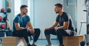 Das Bild zeigt einen Physiotherapeuten im motivierenden Gespräch mit einem Athleten als Sinnbild für den großen Mehrwert von Motivational Interviewing (MI) in der Sporttherapie, um Reha-Frust bei verletzten Sportler:innen zu vermeiden.