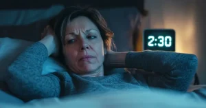 Das Bild zeigt eine Frau, die nachts um 2:30 Uhr wach im Bett liegt und darunter leidet, als Sinnbild dafür, wie Schlaf, Stress und Schmerz zusammenhängen und welche Therapien helfen können.