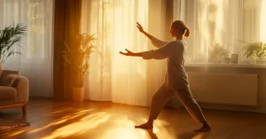 Das Bild zeigt einen Menschen bei ruhigen Qi-Gong Bewegungen in einem lichtdurchfluteten Wohnzimmer, als Sinnbild für die wohltuende Kraft von Duft Qi-Gong, die du auch zuhause bequem im bezuschussten Onlinekurs für dich entdecken und nutzen kannst.