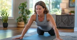 Das Bild zeigt eine Frau beim ruhigen Pilates im Wohnzimmer als Sinnbild für die vielen Vorteile von Pilates im Online-Präventionskurs für Einsteiger gegen Rückenschmerzen und Verspannungen.