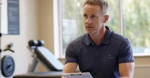 Das Bild zeigt einen Physiotherapeuten beim aktiven Zuhören als Sinnbild dafür, wie dir Motivational Interviewing als Technik der Gesprächsführung hilft, nicht nur deine Patient:innen besser zu erreichen, sondern auch selbst wieder mehr Energie im Praxisalltag zu gewinnen.
