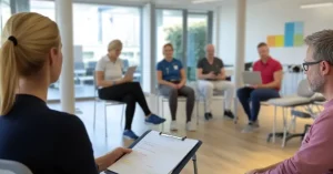 Das Bild zeigt eine Gruppe von Therapeuten in einem Praxisraum als Sinnbild dafür, wie du mit einem Inhouse-Seminar zum Thema Motivational Interviewing dein gesamtes Praxisteam stärken und so die Arbeitsergebnisse und die Motivation im Arbeitsalltag verbessern kannst.