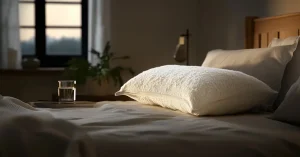 Das Bild zeigt ein einladendes Bett mit Naturkissen in einem gemütlichen Schlafzimmer als Sinnbild dafür, wie gute Naturkissen feuchte Kissen vermeiden helfen und die Schlafqualität erhöhen können.