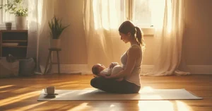 Das Bild zeigt eine Mutter mit Baby bei der Entspannung auf einer Yoga-Matte in einem lichtdurchfluteten Wohnzimmer, als Sinnbild für die wohltuende Kraft von Hatha Yoga für Mamas, die du auch zuhause bequem im bezuschussten Onlinekurs für dich entdecken und nutzen kannst.