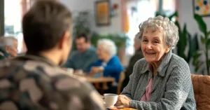 Das Bild zeigt eine glückliche Seniorin im angeregten Gespräch beim gemeinsamen Kaffee als Sinnbild dafür, wie der Einstieg in die Tagespflege gelingen kann - mit praxisnahen Tipps und Erfahrungswerten aus der Perspektive einer Pflegeeinrichtung vor Ort.