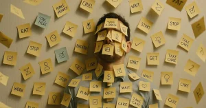 Das Bild zeigt einen Menschen mit ganz vielen gelben Post-Its mit Kommandos auf und neben sich als Sinnbild dafür, wie dir ein mehrdimensionales Coaching zu mehr Gelassenheit und Lebensqualität bei Stress und Zukunftsängsten verhelfen kann.