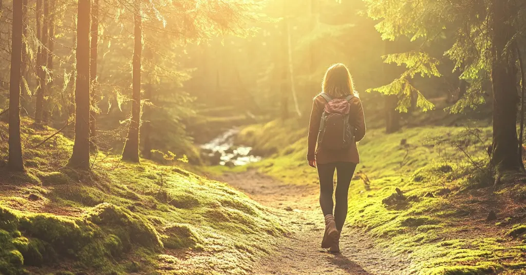 Das Bild zeigt einen Menschen beim entspannten Spaziergang im lichtdurchfluteten Wald als Sinnbild dafür, wie ein multidimensionales Coaching zu mehr Gelassenheit und Lebensqualität bei Stress und Zukunftsängsten führen kann.