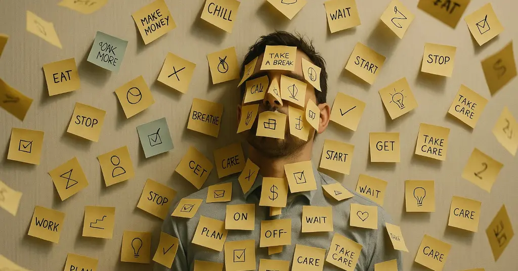 Das Bild zeigt einen Menschen mit ganz vielen gelben Post-Its mit Kommandos auf und neben sich als Sinnbild dafür, wie dir ein mehrdimensionales Coaching zu mehr Gelassenheit und Lebensqualität bei Stress und Zukunftsängsten verhelfen kann.