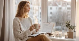 Das Bild zeigt eine glückliche Frau auf der Fensterbank mit einem Laborbericht neben sich als Sinnbild dafür, wie du deine Schilddrüse mit den fünf entscheidenden Schritten wieder in Balance bringst und dein Wohlbefinden wiedergewinnst.