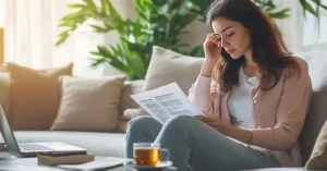 Das Bild zeigt eine leidende Frau auf dem Sofa mit einem Laborbericht in der Hand als Sinnbild dafür, dass