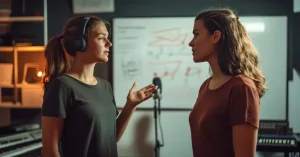 Das Bild zeigt zwei Menschen beim gemeinsamen Stimmtraining als Sinnbild dafür, wir dir die Expertin für funktionale Stimmbildung, Atemtechnik und Phonetik Ulrike Holderbaum im Voice2Coach-Studio in Lampertheim helfen kann, deinen Stimmklang zu verbessern – ganz ohne Druck, aber mit nachhaltiger Wirkung.