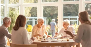 Das Bild zeigt glückliche Seniorinnen und Senioren im angeregten Gespräch beim gemeinsamen Kaffee als Sinnbild dafür, wie Tagespflege gegen Einsamkeit im Alter helfen kann - praxisnahe Tipps und Erfahrungswerten aus der Perspektive einer Pflegeeinrichtung vor Ort.