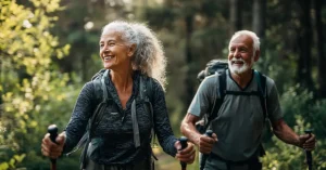 Das Bild zeigt zwei glückliche ältere Menschen beim Wandern im lichtdurchfluteten Wald als Sinnbild dafür, wie Du mit dem Fokus auf die richtigen Faktoren im Leben gesund altern kannst.