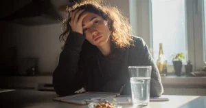 Das Bild zeigt eine unglückliche Frau am Esstisch mit einem Laborbericht vor sich als Sinnbild dafür, dass ständige Müdigkeit und Hashimoto zusammenhängen können und wie Du Hashimoto verstehen lernen kannst und welche Schritte Dir sofort wieder mehr Energie geben können.