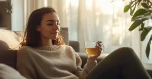 Das Bild zeigt eine entspannte junge Frau mit einer Tasse Tee auf dem Sofa als Sinnbild dafür, wie ein ausgeglichener Progesteron 101 Level die Schilddrüse sowie deine Stimmung & Energie positiv beeinflusst.
