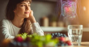 Das Bild zeigt eine glückliche junge Frau am Küchentisch die an ihren gesunden Darm denkt - ein Sinnbild dafür, wie deine Darmgesundheit bei Morbus Basedow hilft, dein Immunsystem und deine Schilddrüse natürlich und effektiv zu stabilisieren.