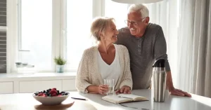 Das Bild zeigt ein strahlendes und vitales älteres Paar in der Küche bei der Planung ihrer gesunden Ernährung als Sinnbild dafür, wie eine fachkundige heilpraktische Anleitung den Energiemangel bei Seniorinnen und Senioren verhindern oder lindern kann.